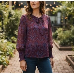 Kobi Halperin Roxanne 100% Silk Paisley Blouse Top Smocked Boho Tie ‎ Size Small